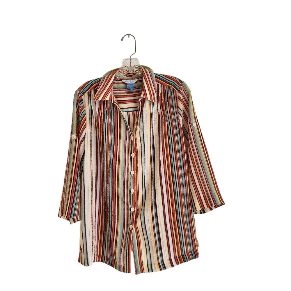 Striped Button-Up Blouse With 3/4 Sleeves By City Blues By Koret Size M
